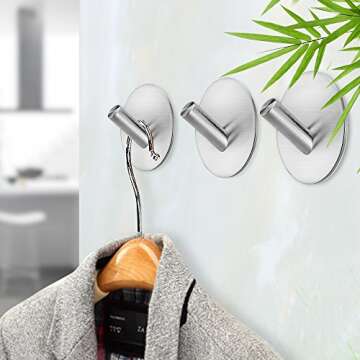 Fotosnow Adhesive Hooks, Heavy Duty Hooks Stainless Steel Self Adhesive Wall Hooks for Hanging Robe Towel Keys Hats Bags Bathroom, Kitchen, Toilet 4-Packs