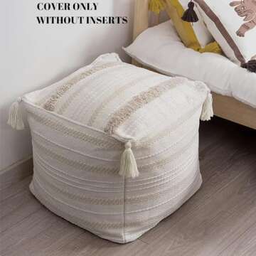 blue page Boho Neutral Decorative Square Pouf Cover 18x18x16, Braided Handwoven Ottoman with Tassels...