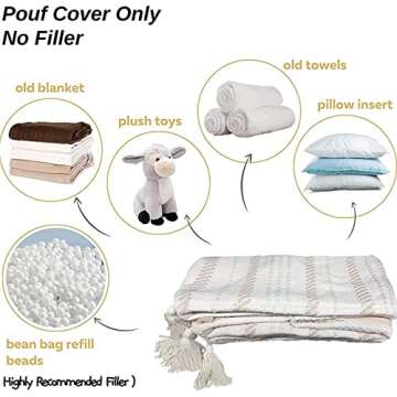 blue page Boho Neutral Decorative Square Pouf Cover 18x18x16, Braided Handwoven Ottoman with Tassels and Soft Tufted Design, Unstuffed Footrest or Cushion for Bedroom or Living Room