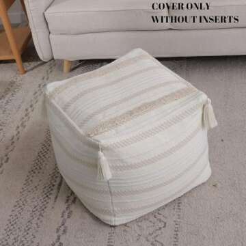 blue page Boho Neutral Decorative Square Pouf Cover 18x18x16, Braided Handwoven Ottoman with Tassels and Soft Tufted Design, Unstuffed Footrest or Cushion for Bedroom or Living Room