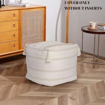 blue page Boho Neutral Decorative Square Pouf Cover 18x18x16, Braided Handwoven Ottoman with Tassels and Soft Tufted Design, Unstuffed Footrest or Cushion for Bedroom or Living Room