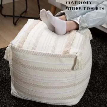 blue page Boho Neutral Decorative Square Pouf Cover 18x18x16, Braided Handwoven Ottoman with Tassels and Soft Tufted Design, Unstuffed Footrest or Cushion for Bedroom or Living Room