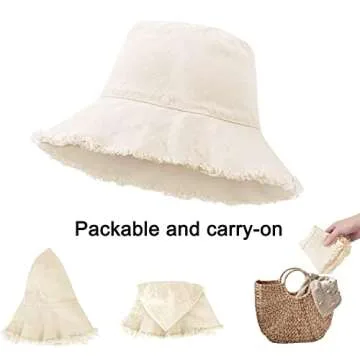 Bucket-Hat-Distressed Sun-Protection Washed-Cotton Beach-Sun-Hat - Summer-Wide-Brim(3.2inch Brim) Beach-Cap(Size:S-M) Beige