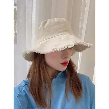 Bucket-Hat-Distressed Sun-Protection Washed-Cotton Beach-Sun-Hat - Summer-Wide-Brim(3.2inch Brim) Beach-Cap(Size:S-M) Beige