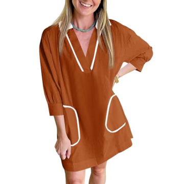 Saodimallsu Womens V Neck Swimsuit Coverup 3/4 Sleeve Collar Color Block Oversized Cover ups Mini Beach Dress with Pockets