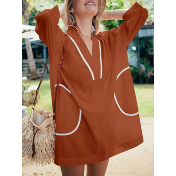 Saodimallsu Womens V Neck Swimsuit Coverup 3/4 Sleeve Collar Color Block Oversized Cover ups Mini Beach Dress with Pockets