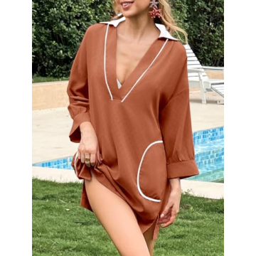 Saodimallsu Womens V Neck Swimsuit Coverup 3/4 Sleeve Collar Color Block Oversized Cover ups Mini Beach Dress with Pockets