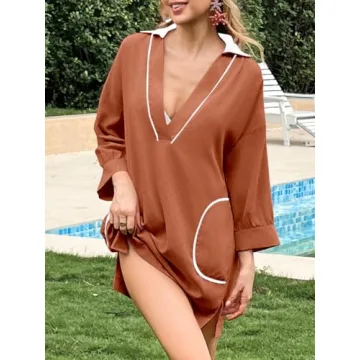 Saodimallsu Womens V Neck Swimsuit Coverup 3/4 Sleeve Collar Color Block Oversized Cover ups Mini Beach Dress with Pockets
