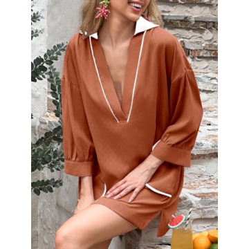 Saodimallsu Womens V Neck Swimsuit Coverup 3/4 Sleeve Collar Color Block Oversized Cover ups Mini Beach Dress with Pockets