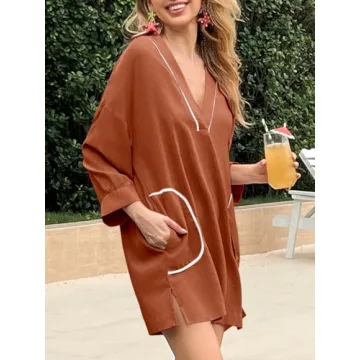 Saodimallsu Womens V Neck Swimsuit Coverup 3/4 Sleeve Collar Color Block Oversized Cover ups Mini Beach Dress with Pockets