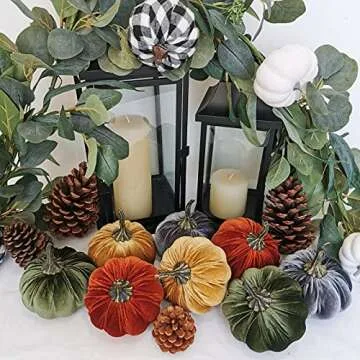 Set of 8 Faux Rustic Harvest Decorative Pumpkins Velvet Foam Pumpkins Fabric Pumpkins in Orange Gold Olive Gray for Fall Autumn Wedding Centerpiece Halloween Thanksgiving Mantel Table Kitchen Decor
