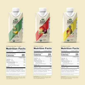Saint James Iced Tea - Organic Green Tea - Non GMO, Gluten Free, Low Calorie & Low Sugar - Variety Green Tea Flavors, 12 Pack (16.9 fl oz each)
