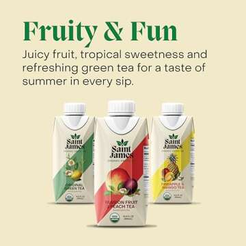 Saint James Iced Tea - Organic Green Tea - Non GMO, Gluten Free, Low Calorie & Low Sugar - Variety Green Tea Flavors, 12 Pack (16.9 fl oz each)