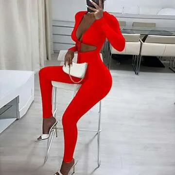 Azhong Women's Sexy Cut Out Bodycon Jumpsuit Lace Up Front V Neck One Piece Outfit Long Sleeve Rompers