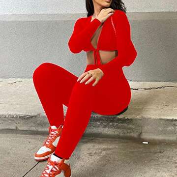 Azhong Women's Sexy Cut Out Bodycon Jumpsuit Lace Up Front V Neck One Piece Outfit Long Sleeve Rompers