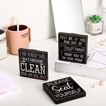 Yulejo 3 Pcs Funny Bathroom Signs Farmhouse Restroom Accessories Rustic Wood Bathroom Decorations Black and White Wall Art Shelf Toilet Decor Wooden Box Signs for Home(Vivid Style)