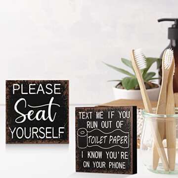 Yulejo 3 Pcs Funny Bathroom Signs Farmhouse Restroom Accessories Rustic Wood Bathroom Decorations Black and White Wall Art Shelf Toilet Decor Wooden Box Signs for Home(Vivid Style)