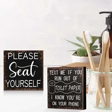 Yulejo 3 Pcs Funny Bathroom Signs Farmhouse Restroom Accessories Rustic Wood Bathroom Decorations Black and White Wall Art Shelf Toilet Decor Wooden Box Signs for Home(Vivid Style)