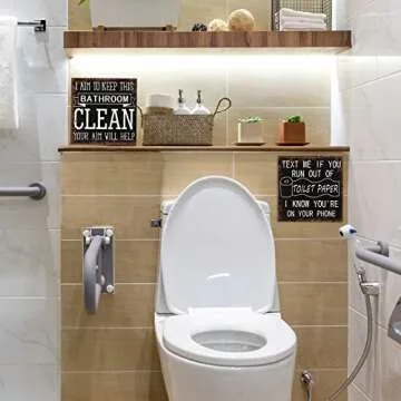 Yulejo 3 Pcs Funny Bathroom Signs Farmhouse Restroom Accessories Rustic Wood Bathroom Decorations Black and White Wall Art Shelf Toilet Decor Wooden Box Signs for Home(Vivid Style)