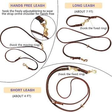 Hands Free Leather Dog Leash 8ft，Durable Genuine Leather Multi Function Dog Leashes，Strong Leather Leash for Small Medium Large Breed Dogs