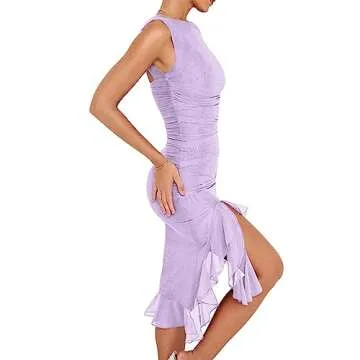 VNIRA Open Back Dress for Women Ruffle Bodycon Tank Ruched Sexy Y2K Mermaid High Slit Cocktail Formal Midi Dresses Purple