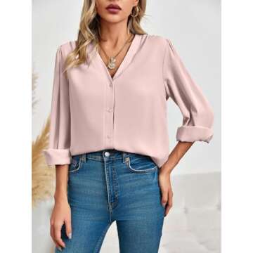 Women's Elegant Silk Button Down Blouse - Business Casual A-Pink