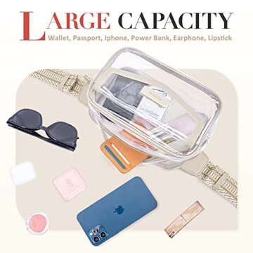 ECOSUSI Clear Fanny Pack Clear Bag Stadium Approved Clear Concert Purse Small Plastic PVC Clear Belt Bag Stadium Bags for Women with Guitar Strap, Khaki