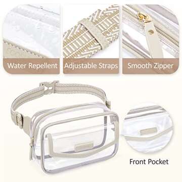 ECOSUSI Clear Fanny Pack Clear Bag Stadium Approved Clear Concert Purse Small Plastic PVC Clear Belt Bag Stadium Bags for Women with Guitar Strap, Khaki