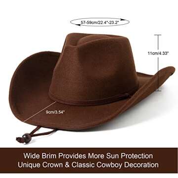 Lanzom Women Men Retro Felt Wide Brim Western Cowboy Cowgirl Hat Dress Up Hat with Wind Lanyard (Cof...