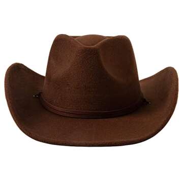 Lanzom Women Men Retro Felt Wide Brim Western Cowboy Cowgirl Hat Dress Up Hat with Wind Lanyard (Coffee,Medium)