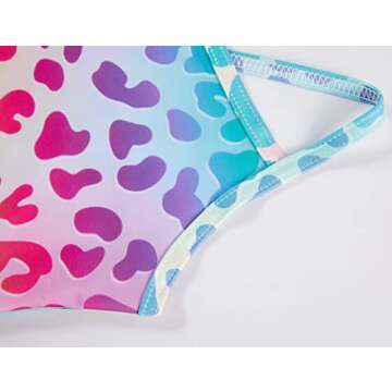 TENVDA Girls Swimsuits One Piece Swimwear for 6-7 Years Old Little Kids Rainbow Leopard Printed Swimming Surfing Sports Bathing Suits