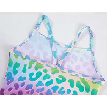 TENVDA Girls Swimsuits One Piece Swimwear for 6-7 Years Old Little Kids Rainbow Leopard Printed Swimming Surfing Sports Bathing Suits