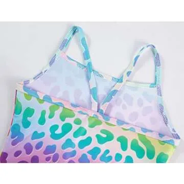 TENVDA Girls Swimsuits One Piece Swimwear for 6-7 Years Old Little Kids Rainbow Leopard Printed Swimming Surfing Sports Bathing Suits