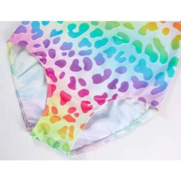 TENVDA Girls Swimsuits One Piece Swimwear for 6-7 Years Old Little Kids Rainbow Leopard Printed Swimming Surfing Sports Bathing Suits