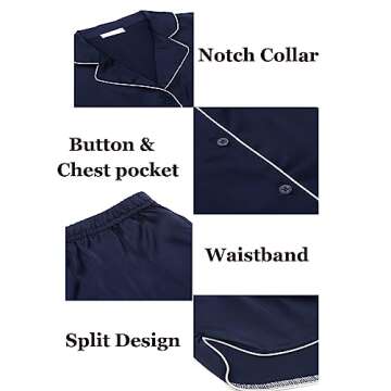 Ekouaer Womens Silk Satin Pajamas Set Short Sleeve Sleepwear Button Down Loungewear 2 Piece Pjs Shorts Set Navy Blue X-Large