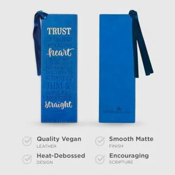 Christian Art Gifts Vegan Faux Leather Scripture Bookmark for Men: Trust In The Lord - Proverbs 3:5-6 Inspirational Bible Verse Heat-Debossed, Faith-Base Reading Book Accessory, Blue with Satin Tassel