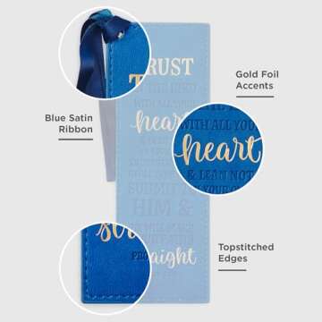 Christian Art Gifts Vegan Faux Leather Scripture Bookmark for Men: Trust In The Lord - Proverbs 3:5-6 Inspirational Bible Verse Heat-Debossed, Faith-Base Reading Book Accessory, Blue with Satin Tassel