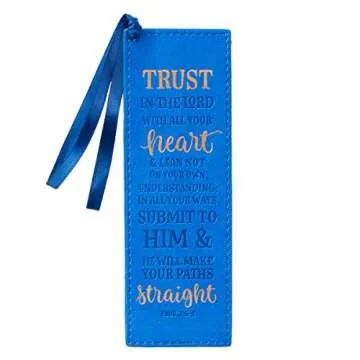 Christian Art Gifts Vegan Faux Leather Scripture Bookmark for Men: Trust In The Lord - Proverbs 3:5-6 Inspirational Bible Verse Heat-Debossed, Faith-Base Reading Book Accessory, Blue with Satin Tassel