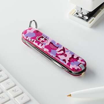 Victorinox Classic SD Alox Swiss Army Knife, Compact, 5 Functions, Swiss Made Pocket Knife with Small Blade, Screwdriver and Key Ring - Flamingo Party (Pink)