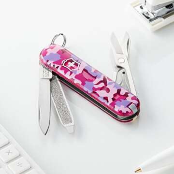Victorinox Classic SD Alox Swiss Army Knife, Compact, 5 Functions, Swiss Made Pocket Knife with Small Blade, Screwdriver and Key Ring - Flamingo Party (Pink)