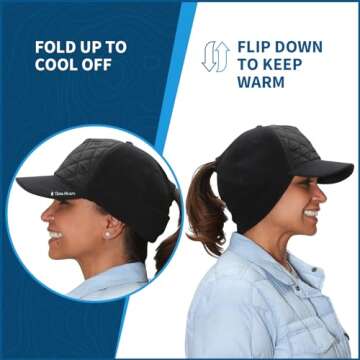 TrailHeads Women's Winter Ponytail Hat | Trucker Hat with Drop Down Ear Warmers | Quilted Hat - Black