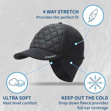 TrailHeads Women's Winter Ponytail Hat | Trucker Hat with Drop Down Ear Warmers | Quilted Hat - Black