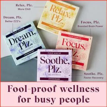 Fleur Marche Everything, Plz Botanical Patch Variety Pack - 4 Wellness Patches with Plant Powered Ingredients - Relax, Focus, Soothe, Dream - Highly Bioavailable Patches - 8 Patches