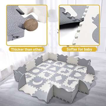 SUPERJARE 0.56” Extra Thick Baby Play Mat with Fence, 59.6"×59.6“ Interlocking Foam Floor Tiles, Non Toxic Crawling Mat for Playroom & Nursery, Neutral Color for Infants, Baby & Toddler