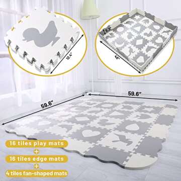 SUPERJARE 0.56” Extra Thick Baby Play Mat with Fence, 59.6"×59.6“ Interlocking Foam Floor Tiles, Non Toxic Crawling Mat for Playroom & Nursery, Neutral Color for Infants, Baby & Toddler