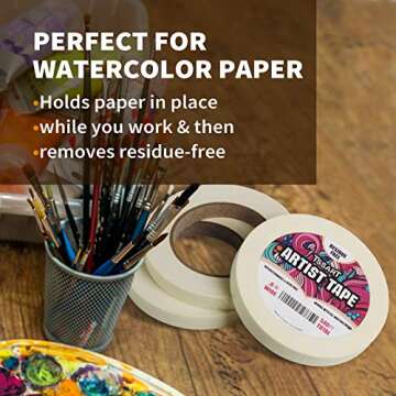TSSART 3 Pack White Artist Tape - Masking Artists Tape for Drafting Art Watercolor Painting Canvas Framing - Acid Free 0.6inch Wide 540FT Long Total