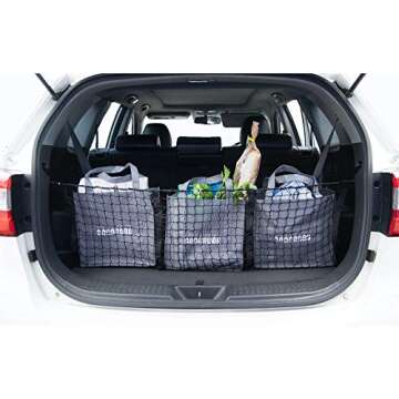 Hang Outs Premium Three Pocket Mesh Storage Net - Black Mesh Three Pocket Trunk Cargo Organizer - fits larger trucks with bungee cords - now with 3 reusable grocery bags