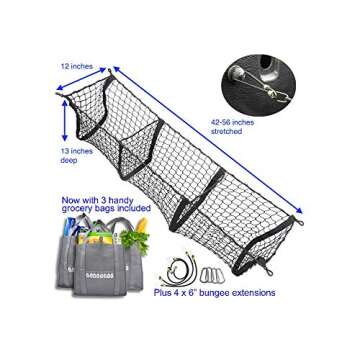 Hang Outs Premium Three Pocket Mesh Storage Net - Black Mesh Three Pocket Trunk Cargo Organizer - fits larger trucks with bungee cords - now with 3 reusable grocery bags