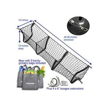 Hang Outs Premium Three Pocket Mesh Storage Net - Black Mesh Three Pocket Trunk Cargo Organizer - fits larger trucks with bungee cords - now with 3 reusable grocery bags