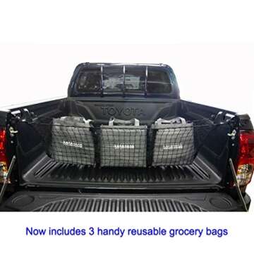 Hang Outs Premium Three Pocket Mesh Storage Net - Black Mesh Three Pocket Trunk Cargo Organizer - fits larger trucks with bungee cords - now with 3 reusable grocery bags